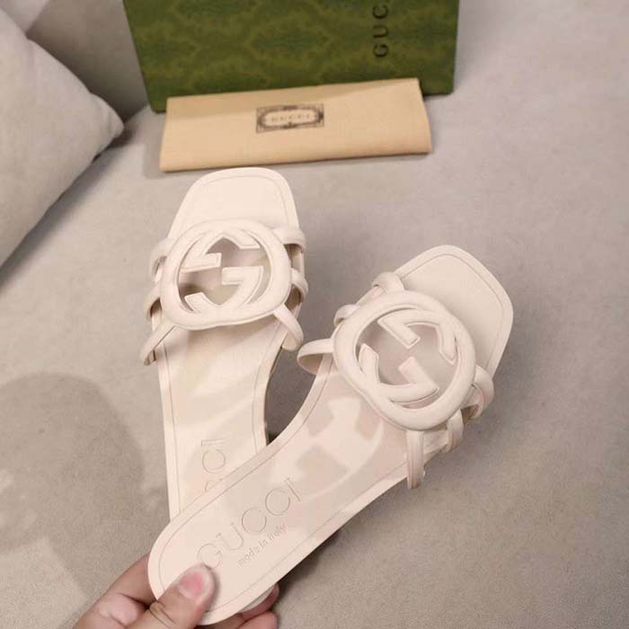 Gucci Unisex GG Interlocking G Slide Sandal White Rubber Flat