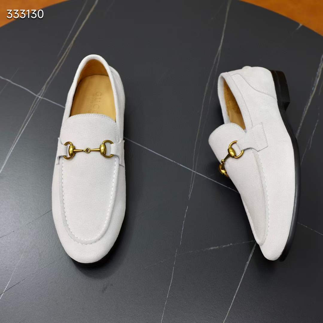 Gucci Unisex GG Jordaan Loafer Horsebit Blake Beige Suede Leather Flat