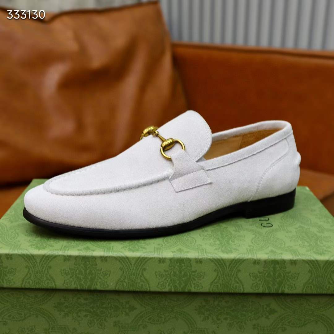 Gucci Unisex GG Jordaan Loafer Horsebit Blake Beige Suede Leather Flat
