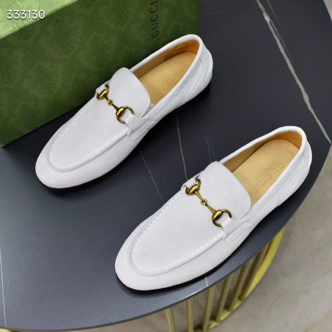 Gucci Unisex GG Jordaan Loafer Horsebit Blake Beige Suede Leather Flat