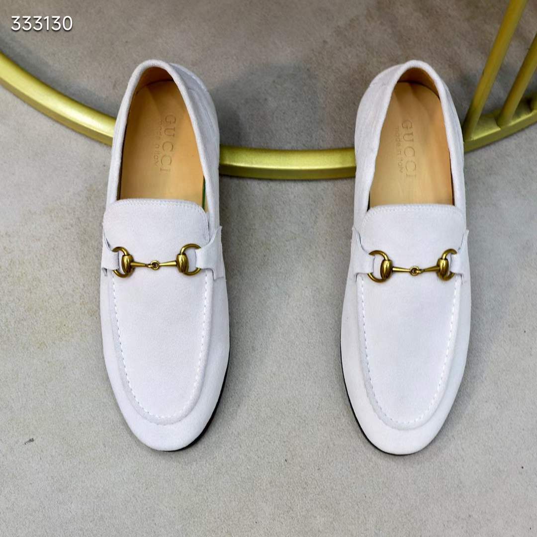 Gucci Unisex GG Jordaan Loafer Horsebit Blake Beige Suede Leather Flat