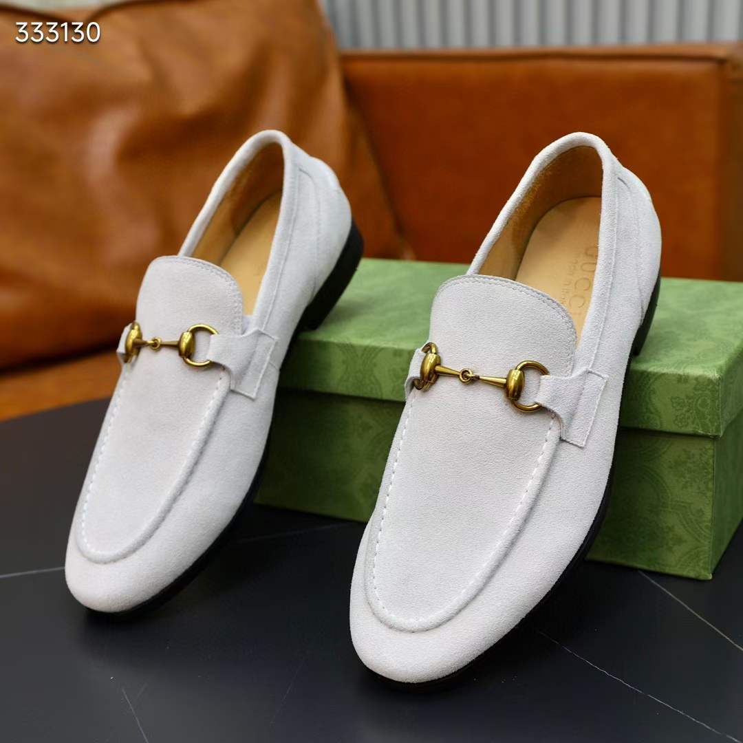 Gucci Unisex GG Jordaan Loafer Horsebit Blake Beige Suede Leather Flat