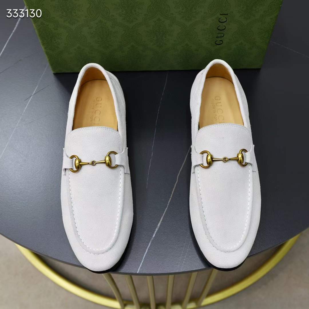 Gucci Unisex GG Jordaan Loafer Horsebit Blake Beige Suede Leather Flat