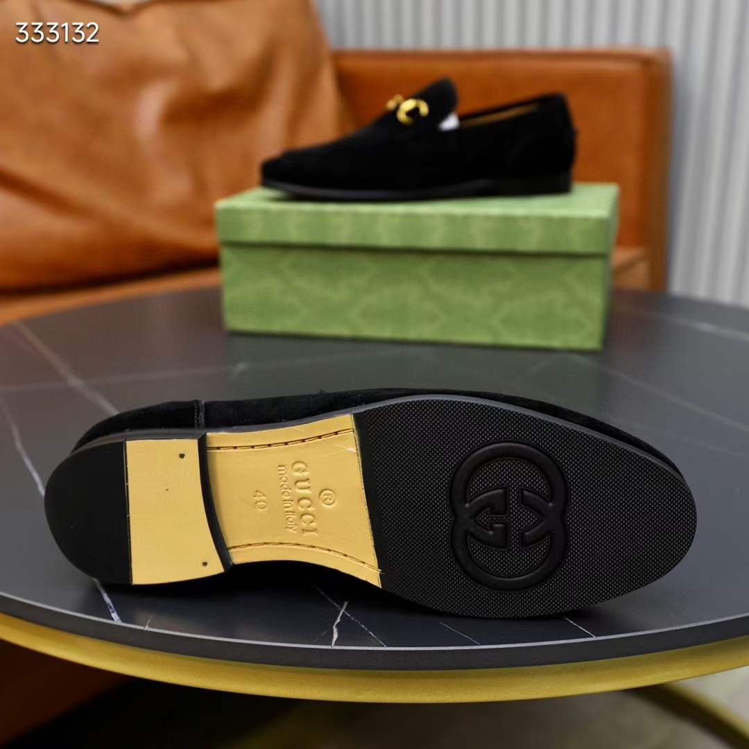 Gucci Unisex GG Jordaan Loafer Horsebit Blake Black Suede Leather Flat