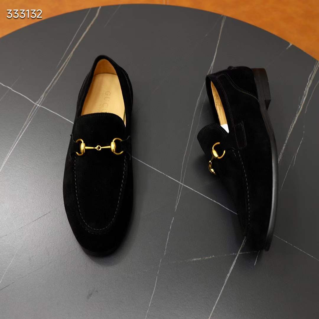 Gucci Unisex GG Jordaan Loafer Horsebit Blake Black Suede Leather Flat
