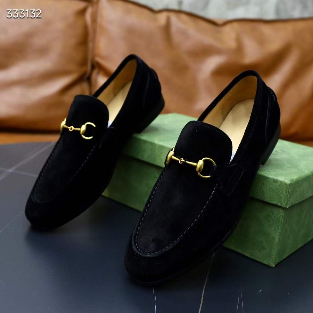 Gucci Unisex GG Jordaan Loafer Horsebit Blake Black Suede Leather Flat