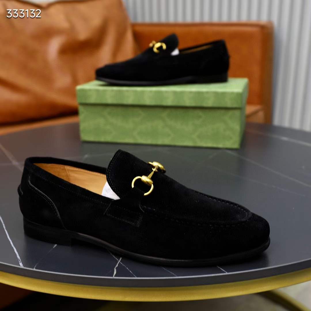 Gucci Unisex GG Jordaan Loafer Horsebit Blake Black Suede Leather Flat