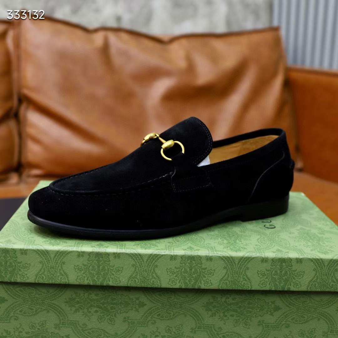 Gucci Unisex GG Jordaan Loafer Horsebit Blake Black Suede Leather Flat