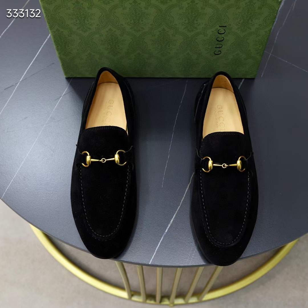 Gucci Unisex GG Jordaan Loafer Horsebit Blake Black Suede Leather Flat