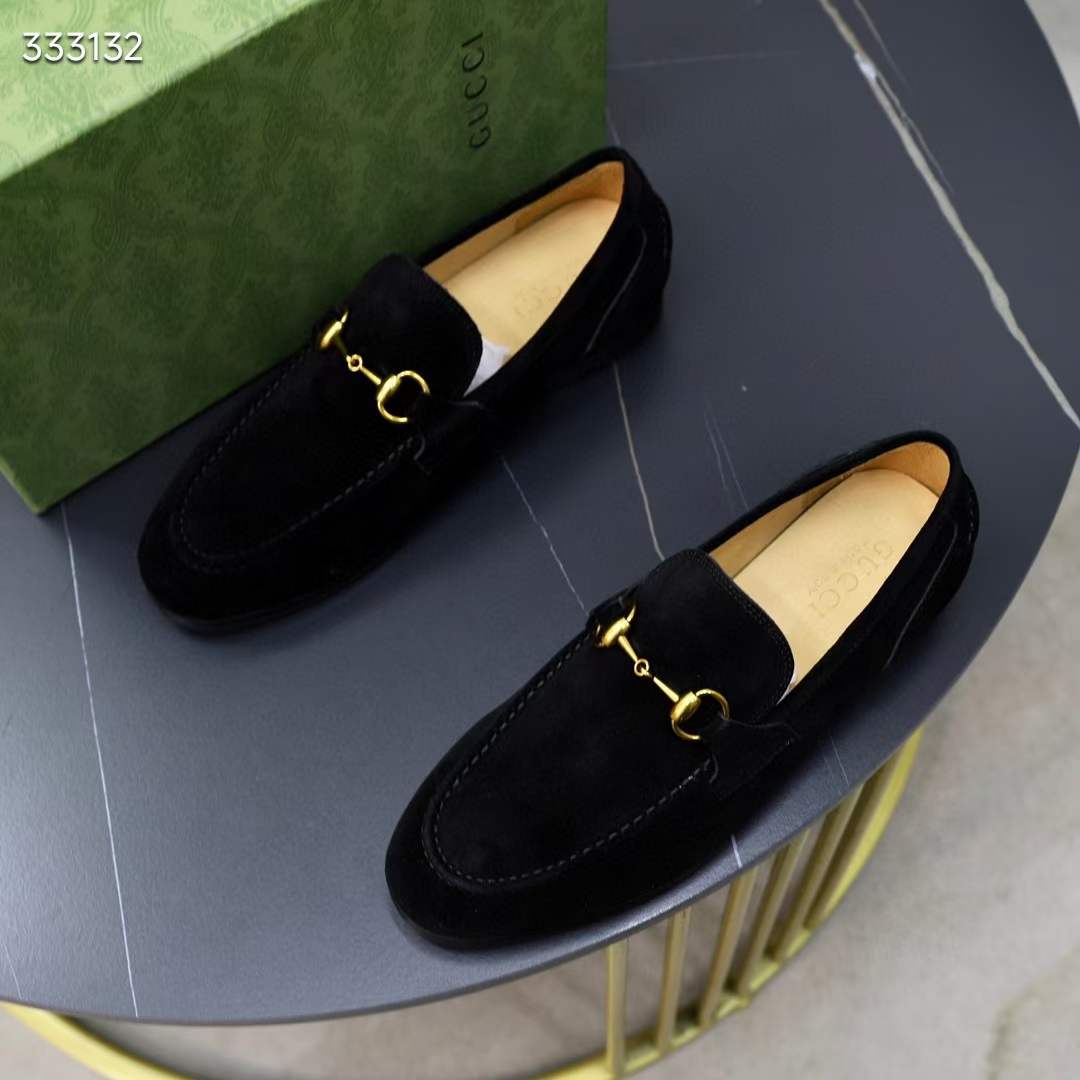 Gucci Unisex GG Jordaan Loafer Horsebit Blake Black Suede Leather Flat