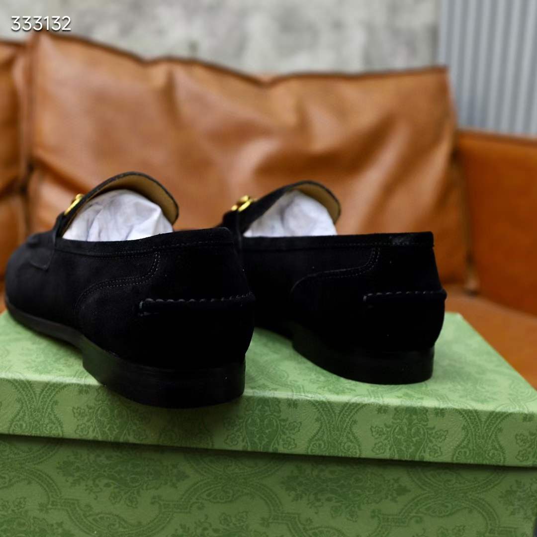 Gucci Unisex GG Jordaan Loafer Horsebit Blake Black Suede Leather Flat