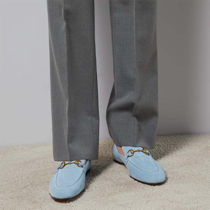 Gucci Unisex GG Jordaan Loafer Horsebit Blake Light Blue Suede Leather Flat