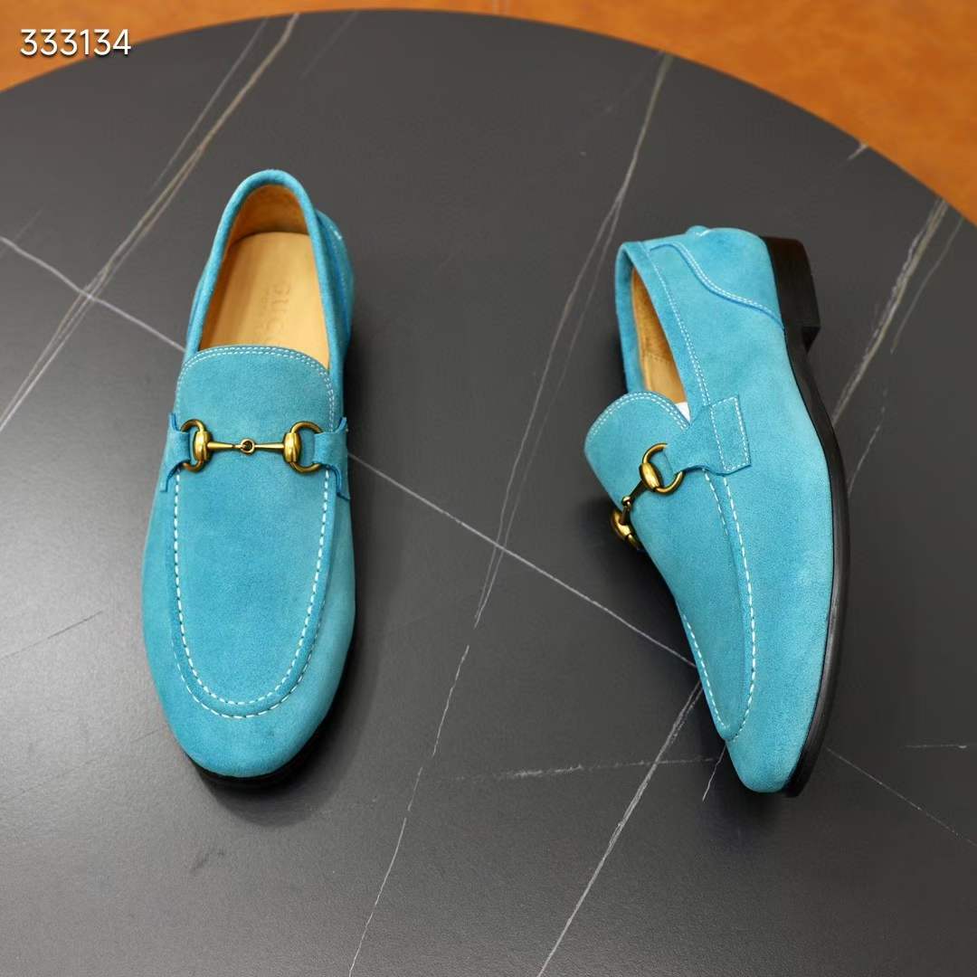 Gucci Unisex GG Jordaan Loafer Horsebit Blake Light Blue Suede Leather Flat