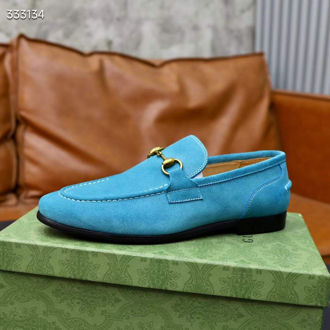 Gucci Unisex GG Jordaan Loafer Horsebit Blake Light Blue Suede Leather Flat