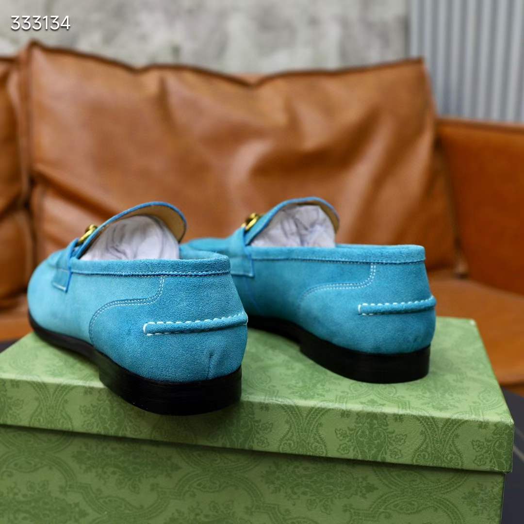 Gucci Unisex GG Jordaan Loafer Horsebit Blake Light Blue Suede Leather Flat