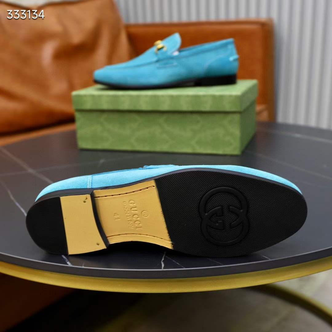 Gucci Unisex GG Jordaan Loafer Horsebit Blake Light Blue Suede Leather Flat