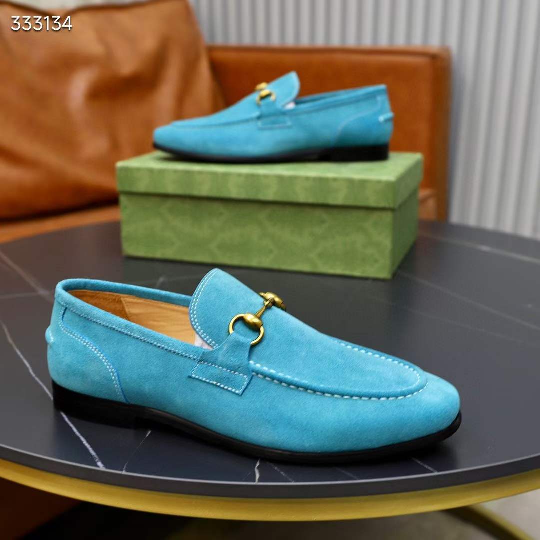 Gucci Unisex GG Jordaan Loafer Horsebit Blake Light Blue Suede Leather Flat
