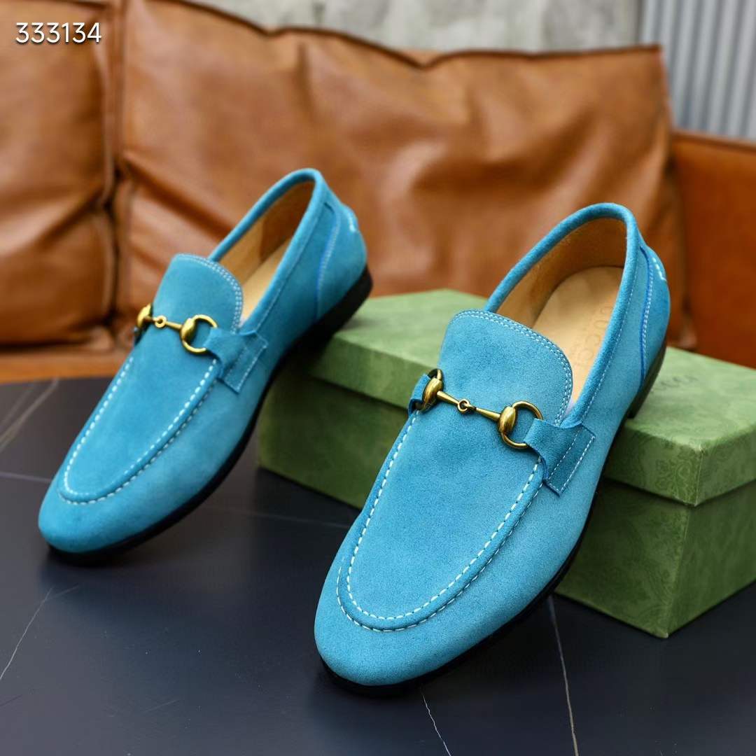 Gucci Unisex GG Jordaan Loafer Horsebit Blake Light Blue Suede Leather Flat