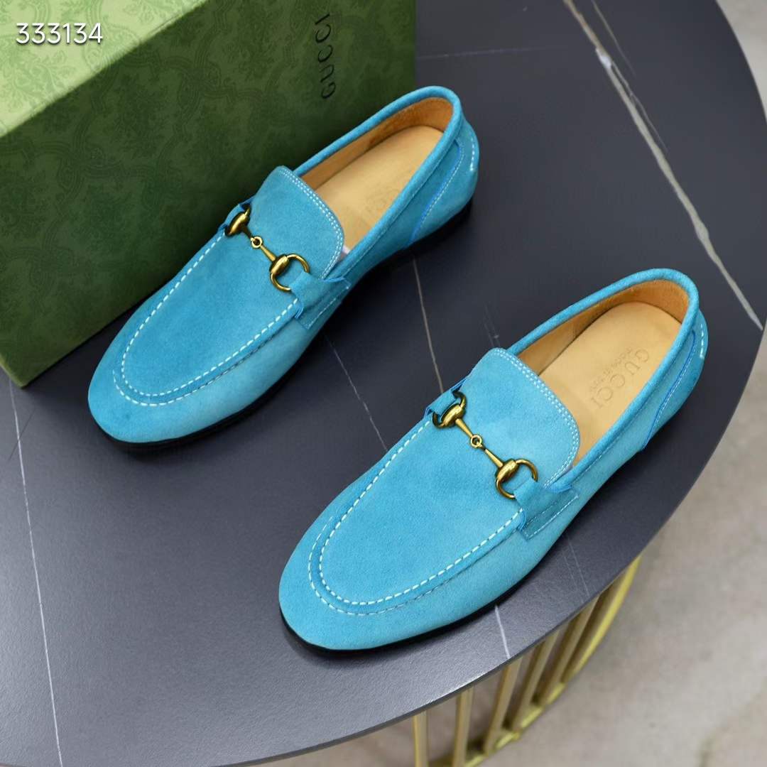 Gucci Unisex GG Jordaan Loafer Horsebit Blake Light Blue Suede Leather Flat