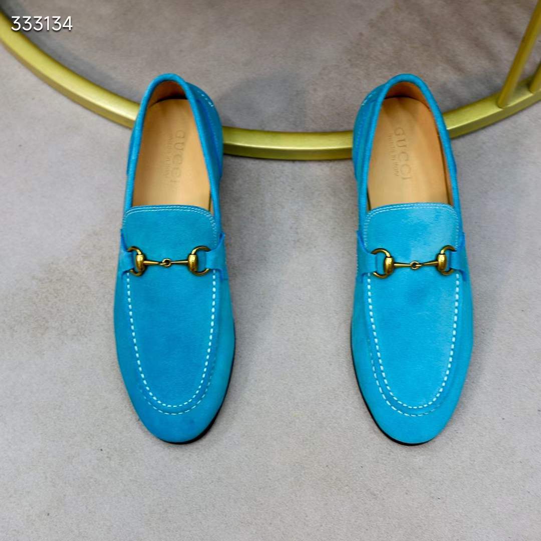 Gucci Unisex GG Jordaan Loafer Horsebit Blake Light Blue Suede Leather Flat