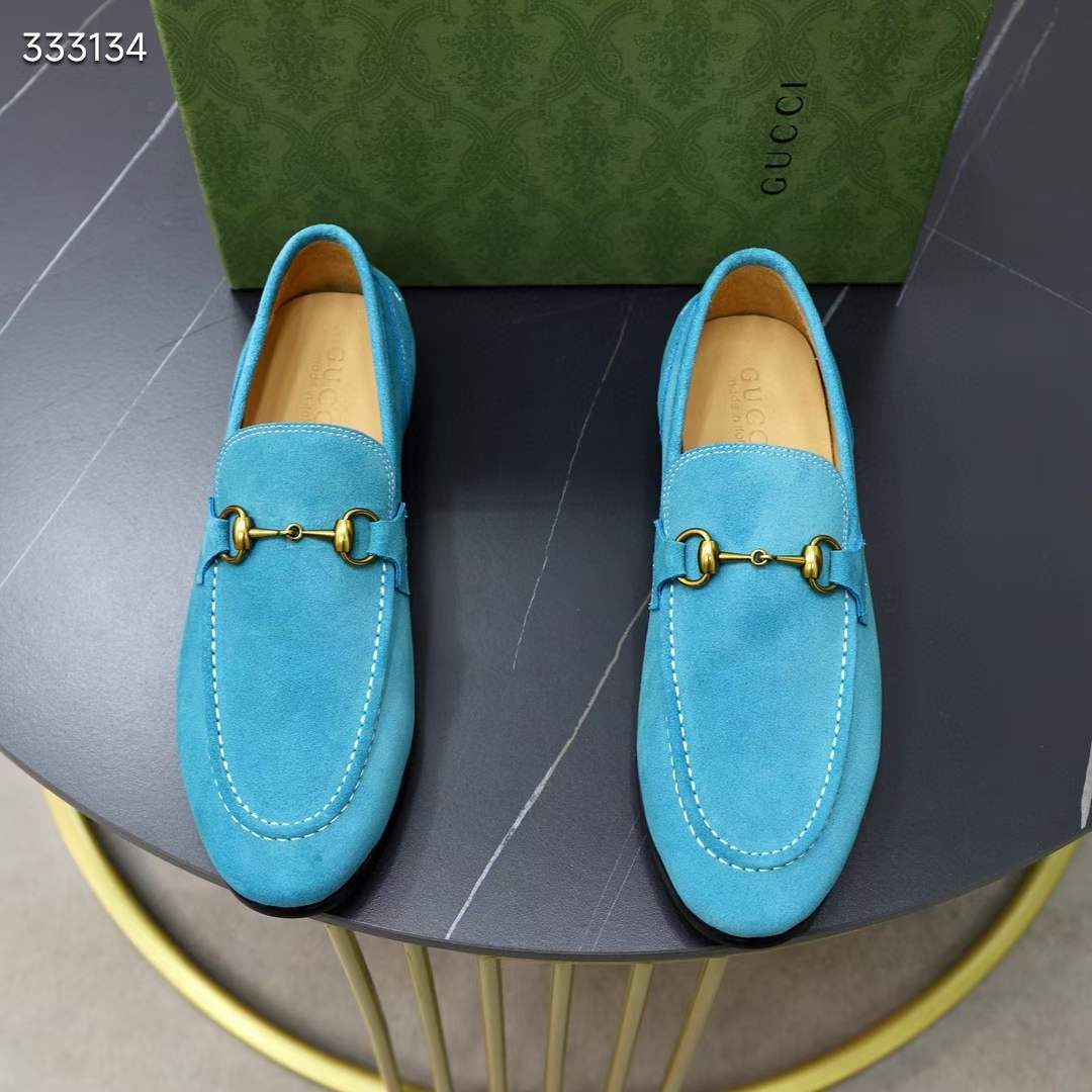 Gucci Unisex GG Jordaan Loafer Horsebit Blake Light Blue Suede Leather Flat