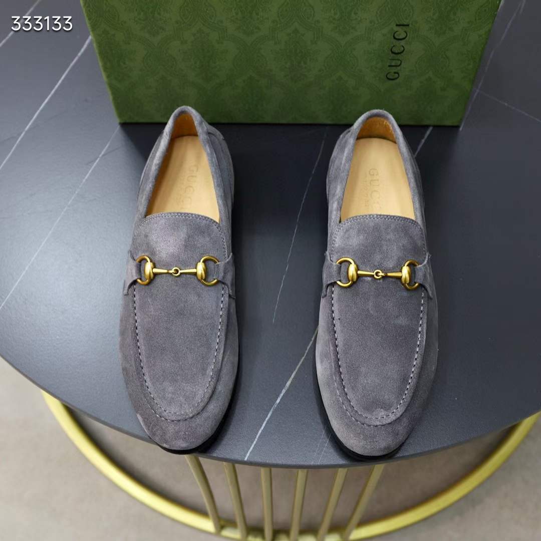 Gucci Unisex GG Jordaan Loafer Horsebit Blake Light Sage Suede Leather Flat