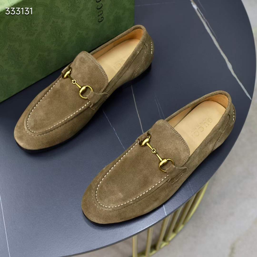 Gucci Unisex GG Jordaan Loafer Horsebit Blake Olive Green Suede Leather Flat