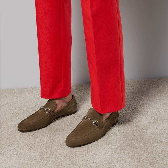 Gucci Unisex GG Jordaan Loafer Horsebit Blake Olive Green Suede Leather Flat