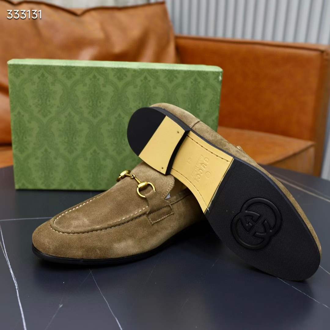 Gucci Unisex GG Jordaan Loafer Horsebit Blake Olive Green Suede Leather Flat