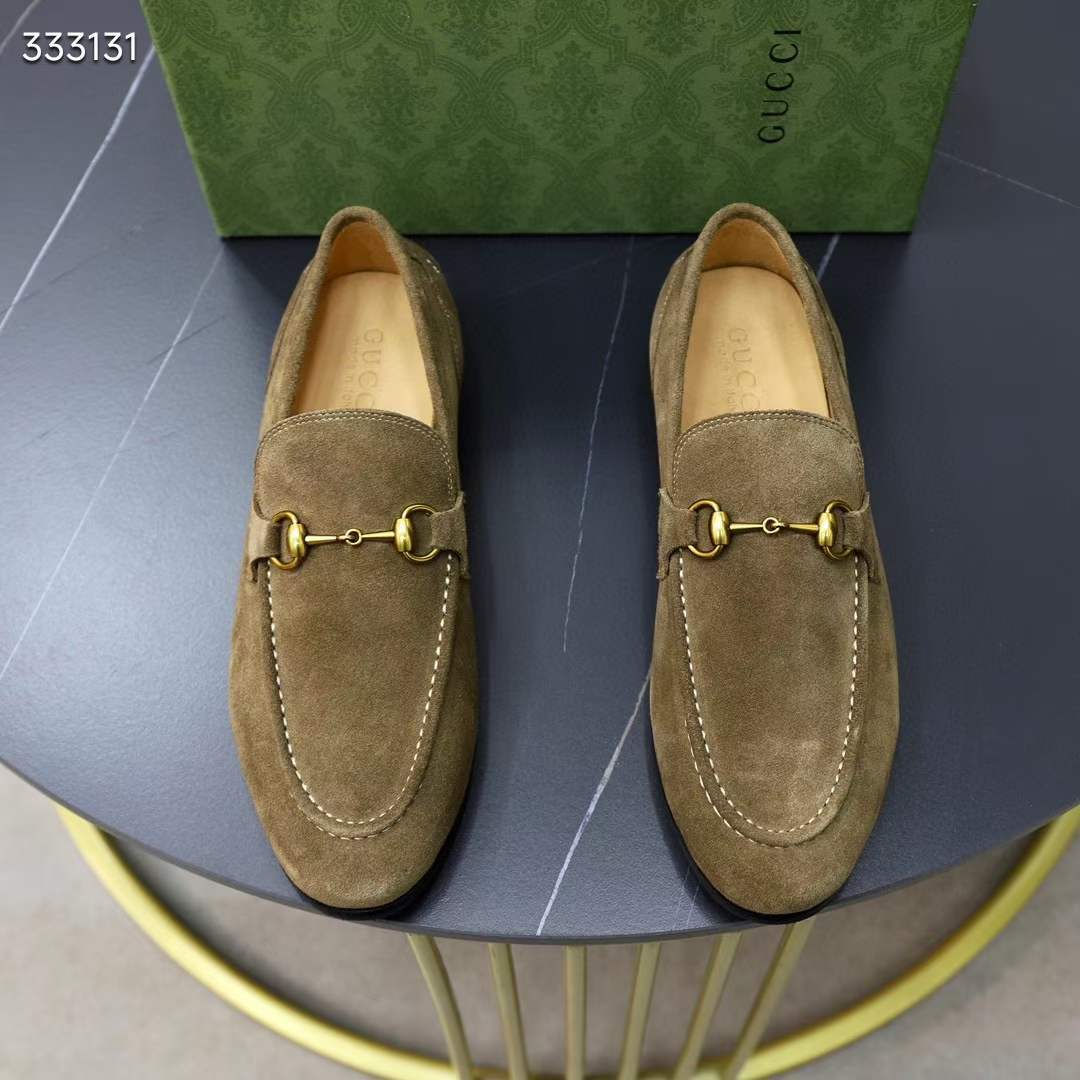 Gucci Unisex GG Jordaan Loafer Horsebit Blake Olive Green Suede Leather Flat