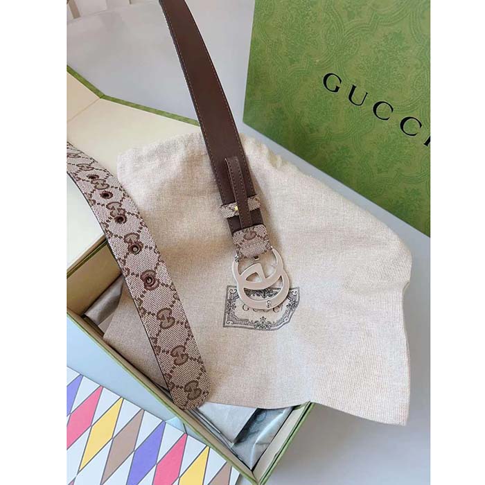 Gucci Unisex GG Marmont Reversible Belt Beige Ebony Original Canvas Double G Buckle