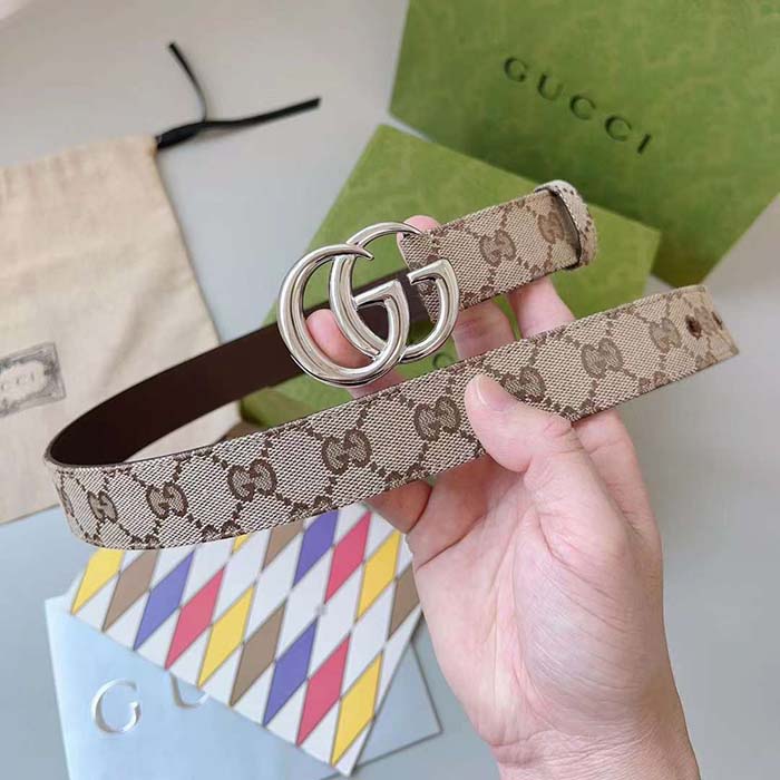 Gucci Unisex GG Marmont Reversible Belt Beige Ebony Original Canvas Double G Buckle
