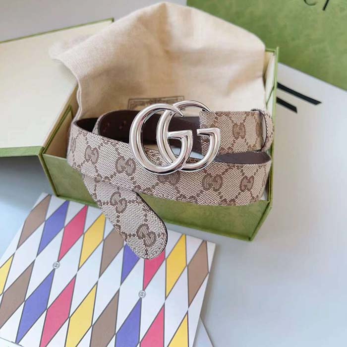 Gucci Unisex GG Marmont Reversible Belt Beige Ebony Original Canvas Double G Buckle