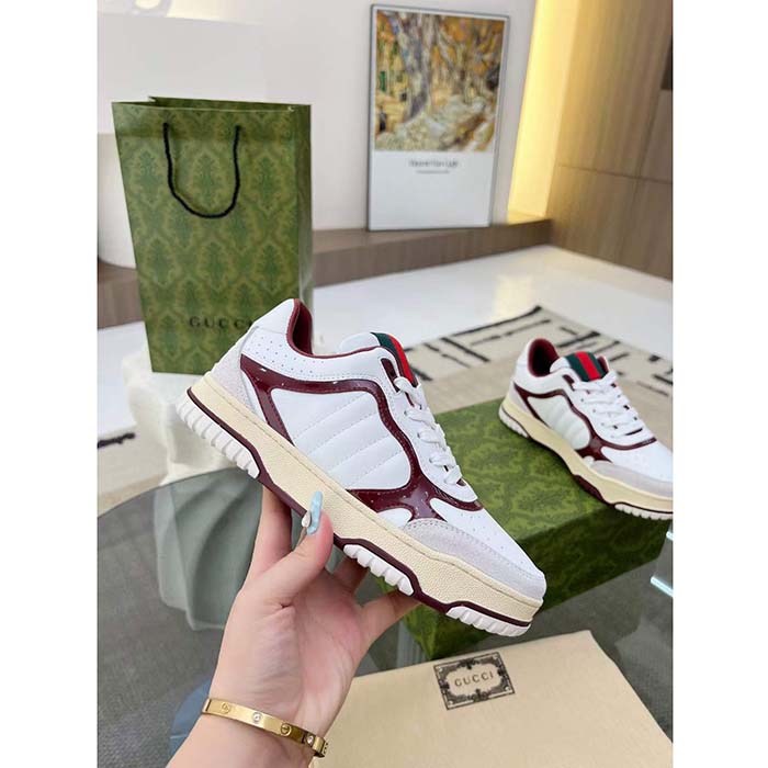 Gucci Unisex GG Re-Web Sneaker White Leather Beige Suede Low Heel