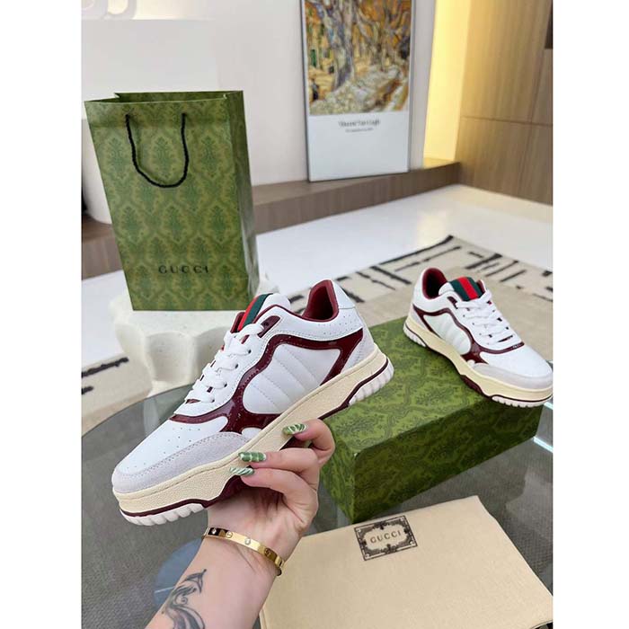 Gucci Unisex GG Re-Web Sneaker White Leather Beige Suede Low Heel