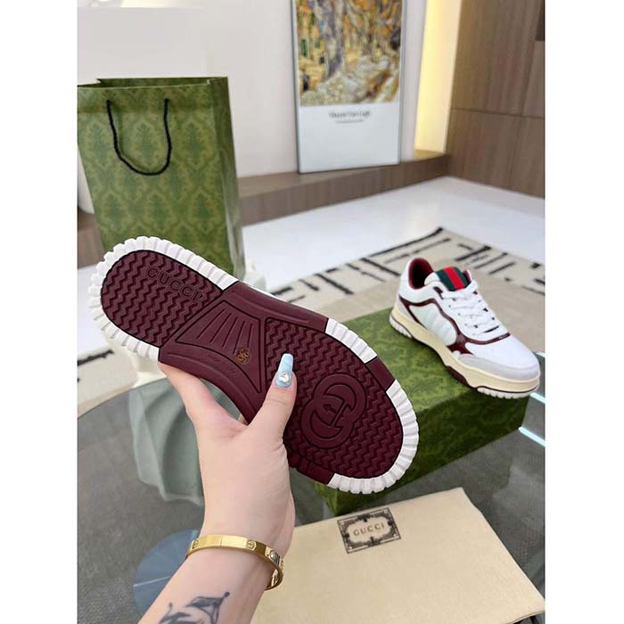 Gucci Unisex GG Re-Web Sneaker White Leather Beige Suede Low Heel