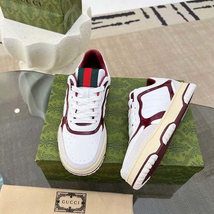 Gucci Unisex GG Re-Web Sneaker White Leather Beige Suede Low Heel