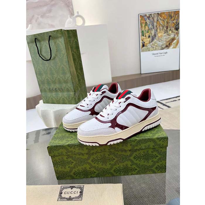 Gucci Unisex GG Re-Web Sneaker White Leather Beige Suede Low Heel