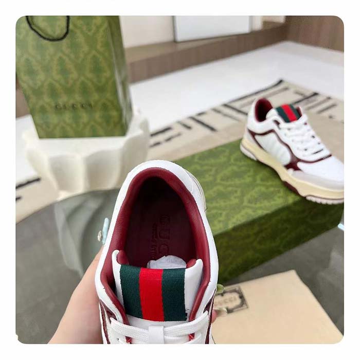 Gucci Unisex GG Re-Web Sneaker White Leather Beige Suede Low Heel