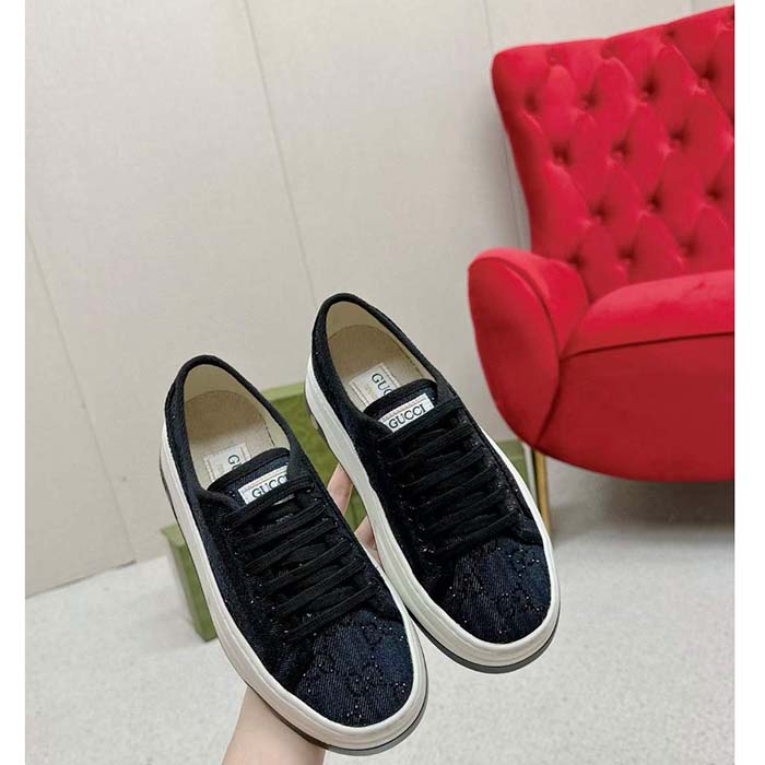 Gucci Unisex GG Sneaker Tennis 1977 Blue Denim Black Crystals Low Heel