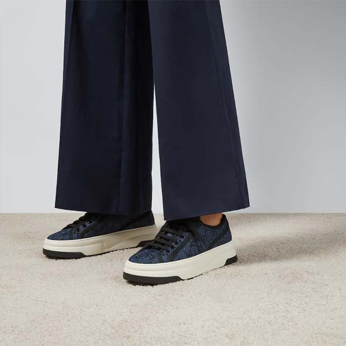 Gucci Unisex GG Sneaker Tennis 1977 Blue Denim Black Crystals Low Heel