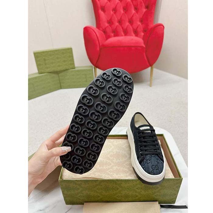 Gucci Unisex GG Sneaker Tennis 1977 Blue Denim Black Crystals Low Heel