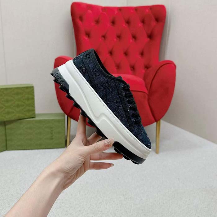 Gucci Unisex GG Sneaker Tennis 1977 Blue Denim Black Crystals Low Heel