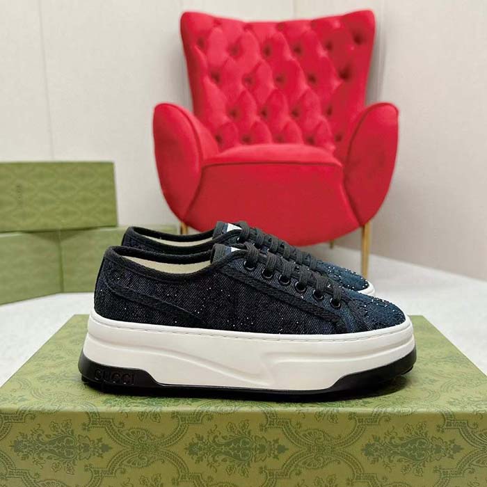 Gucci Unisex GG Sneaker Tennis 1977 Blue Denim Black Crystals Low Heel