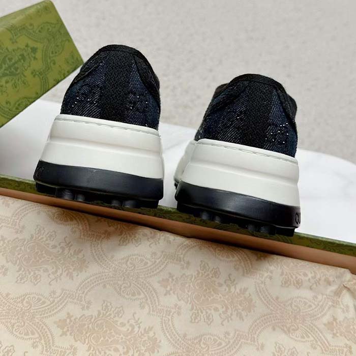 Gucci Unisex GG Sneaker Tennis 1977 Blue Denim Black Crystals Low Heel