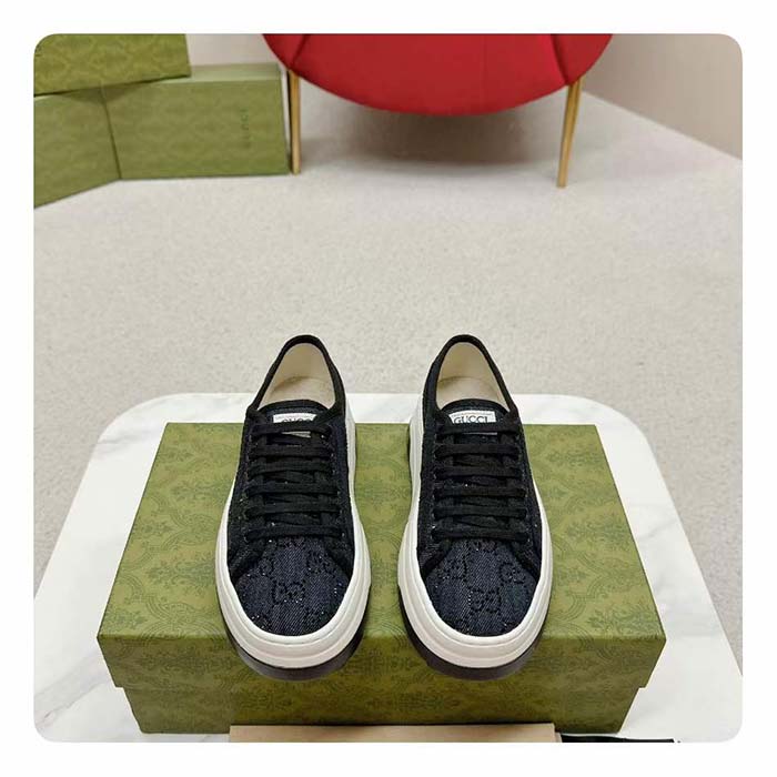 Gucci Unisex GG Sneaker Tennis 1977 Blue Denim Black Crystals Low Heel