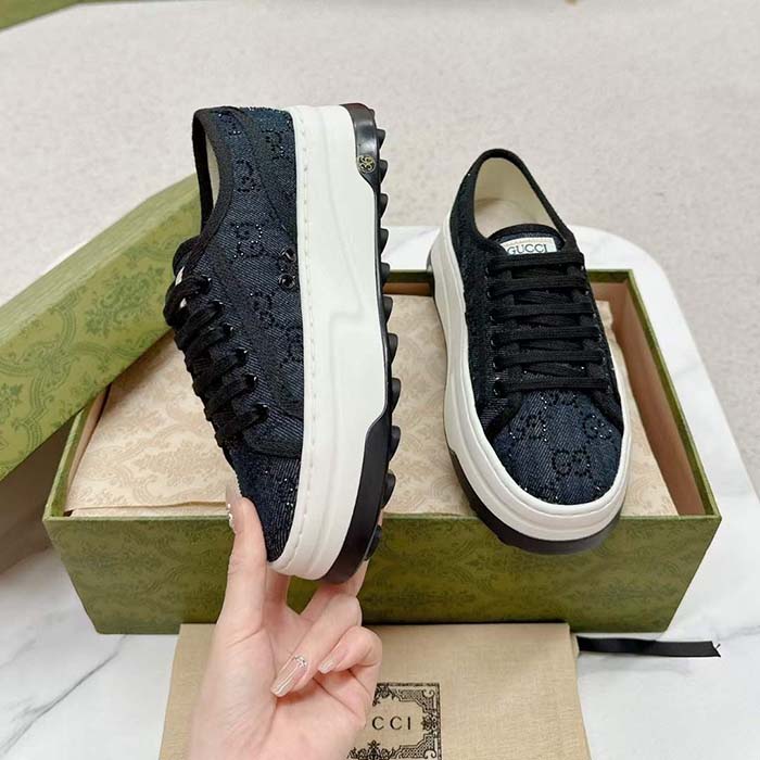 Gucci Unisex GG Sneaker Tennis 1977 Blue Denim Black Crystals Low Heel