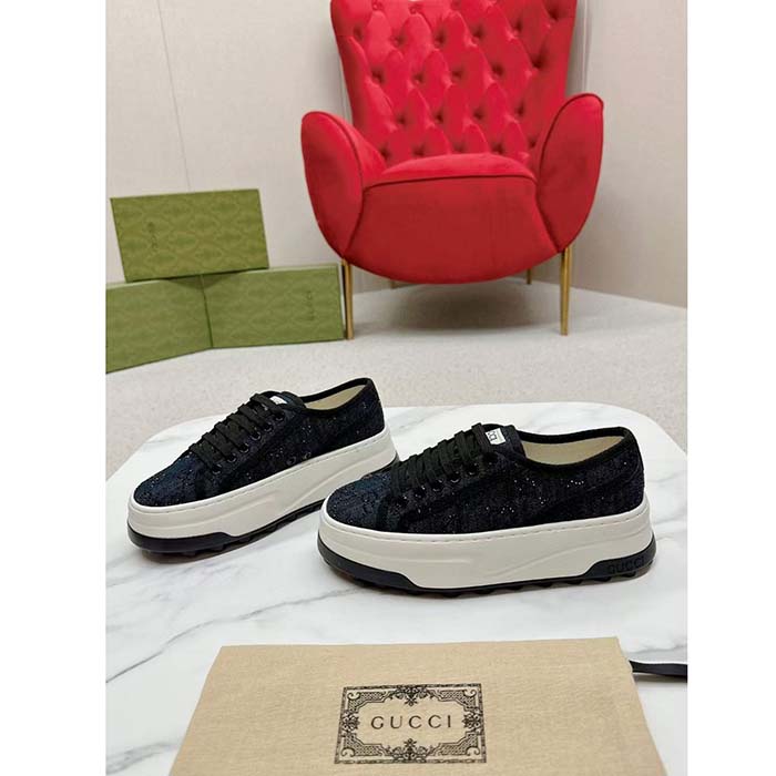 Gucci Unisex GG Sneaker Tennis 1977 Blue Denim Black Crystals Low Heel