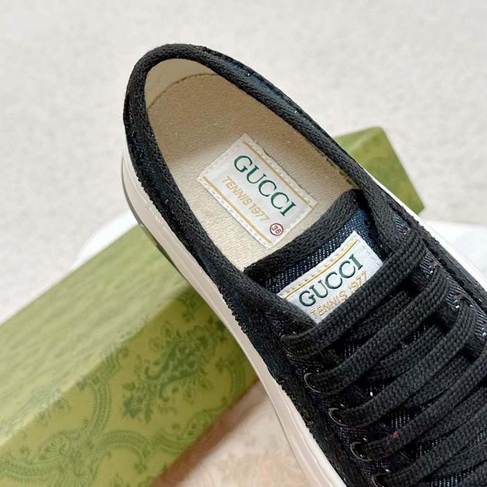 Gucci Unisex GG Sneaker Tennis 1977 Blue Denim Black Crystals Low Heel