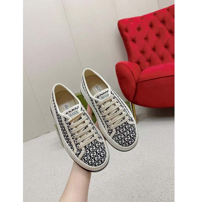 Gucci Unisex GG Sneaker Tennis 1977 Ivory Black Canvas Jacquard Low Heel